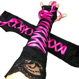 Hot Pink Corset Arm Warmers Black Lace Up Gloves Long Sexy Cosplay Wedding